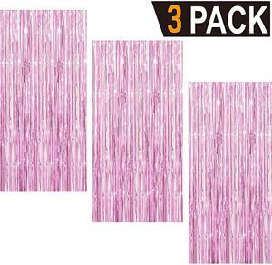3.2 ft x 9.8 ft Metallic Tinsel Foil Fringe Curtains for Party Photo Backdrop Wedding Decor (Light Pink,3 pcs)
