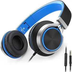 C8 Wired Headphones with Microphone and Volume Control Folding Lightweight Headset for Cellphones Tablets Chromebook Smartphones Laptop Computer PC Mp3/4 (Black/Blue)