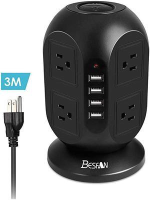 USB Power Strip Tower -  Surge Protector Black Extension Cord 10 FT with 8 AC Outlets and 4 USB Ports, Surge Protector Tower with 2 Switches, USB Charging Station with Overload Protection