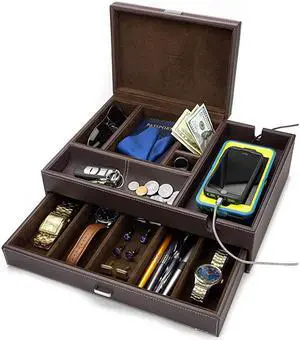 Admiral Big Dresser Valet Box amp Mens Jewelry Box Organizer with Large Smartphone Charging Station Dark Brown