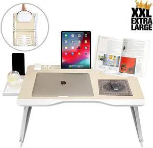 Mega Table [XXL Extra Large - Premium Build] Folding Bed Desk, Lap Desk & Laptop Table | Drawer, Book Stand, Lots of Leg Space (White Oak)