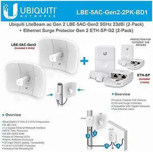 ac Gen 2 LBE5ACGen2 5GHz Airmax 2X2 MIMO 23dBi 450+ Mbps CPE 2Pack with Ethernet Surge Protector ETHSP for Outdoor HighSpeed 2Pack
