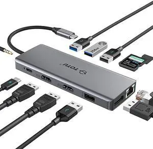 USB C HUB, Upgraded  13 in 1 Type C Hub Dongle Adapter (4K Dual HDMI&DP,75W PD), Triple Display Docking Station for Windows&MacBook Pro USB C Systems, macOS only Support Mirror Display