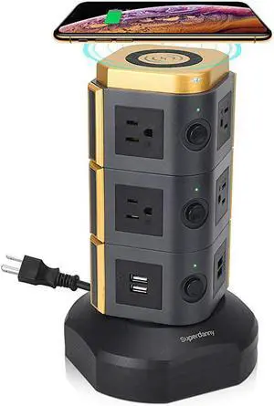 Surge Protector Tower with 10W Wireless Charger Spin Power Strip Tower 3000W 13A Vertical Charging Station with 10AC Outlets+4USB Slots and 65ft Extension Cord for Home Office Garage