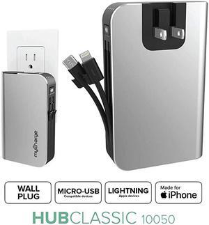 Portable Charger with Built in Cables iPhone Lightning + Micro USB 10050 mAh Hub Classic Ultra Slim Power Bank External Battery Pack AC Wall Charger Plug Dual Cords USBA Output Port