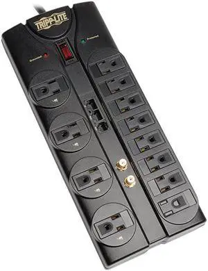 12 Outlet Surge Protector Power Strip, 8ft Cord, Right-Angle Plug, Tel/Modem/Coax/Ethernet Protection, RJ11, RJ45, & $250,000 INSURANCE (TLP1208SAT) Black