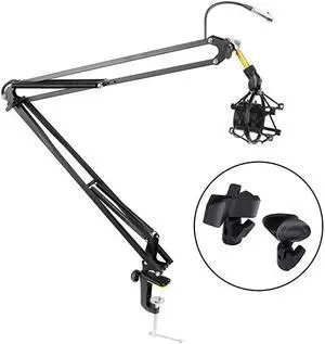 Suspension Microphone Boom Stand Pro Desktop Scissor Mic Stand Spring Arm w Shock Mount Adjustable and Extendable Arm Angle and Tilt Positioning Universal Table Clamp Mount Style PMKSH04