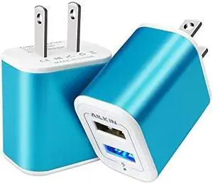 USB Plug in Wall Charger Charging Block 2Pack  21A Fast Charge Dual Port Power Adapter Cube Box Brick Base Compatible with Phone Pad LG Honor Samsung Kindle Fire Blue All USB Blue