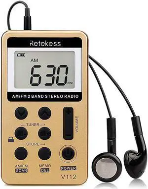 V112 AM FM Radio Portable Mini Radio with Earphone Pocket Digital Tuning Rechargeable Battery LCD Display for Walking JoggingGold