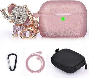 Airpods Pro Case Cover Keychain Cute Set Women, 5 in 1 Silicone Protective Case with Bling Elephant Keychain/Storage Box Compatible for Apple Airpods Pro 2019(Rose Gold)
