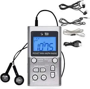 MPRAF1 AM FM Personal Radio with Two Types of Stereo Headphones Clock Great Reception and Long Battery Life Mini Pocket Walkman Radio with Headphones Silver