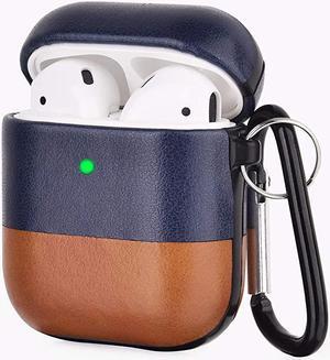 Compatible with Airpods Case Genuine Leather Case for Airpods 2 amp 1 Front LED Visible Protective Cover Skin Mixcolor NavyBrown