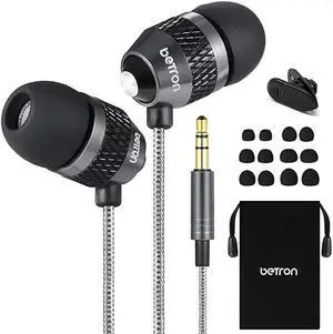 B25 Earbud Headphones Noise Isolating Tangle-Free Cord 6 Silicon Earphone Tips Black