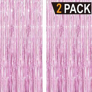 3.2 ft x 9.8 ft Metallic Tinsel Foil Fringe Curtains for Party Photo Backdrop Wedding Decor (2 Packs, Pink)