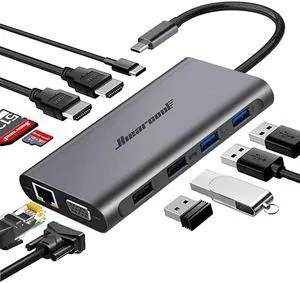 USB C HubUSBC Laptop Docking Station11 in 1 Triple Display Type C Adapter Compatiable for MacBook and Windows2HDMI VGA PD30 SD TF Card Reader Gigabit Ethernet 4USB Ports
