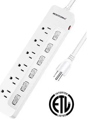 Individual Switched Power Strip Surge Protector with 6OutletETL Certified6Foot 14AWG Long Extension Cord 1875W15A Wall Mount for Office Dorm Home Theatre