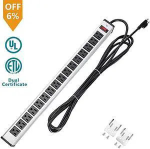 Rack Mount Power Outlet 16 Outlet Heavy Duty Aluminum Socket AntiThunder Power Strip with 15Foot Extension Cord Surge Protector Duty Multi Plug Outlet with Smart Circuit Breaker Silver