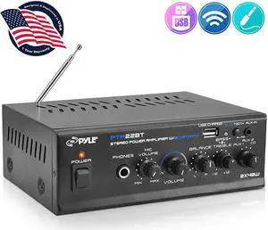 Bluetooth Mini Blue Series Home Audio Amplifier Compact Desktop Home Theater Stereo Amplifier Receiver with USB Charge Port | Pager Mixer Karaoke Modes | Mic Input 40 Watt x 2 |  PTA22BT 2X2X2