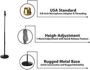 Universal Microphone Stand - M-6 Mic Mount Holder and Height Adjustable from 27.5” to 57.5” Inch High w/ Compact Round Base Plate - Quick Setting Lock-Tight Knob Lightweight and Reliable PMKS40