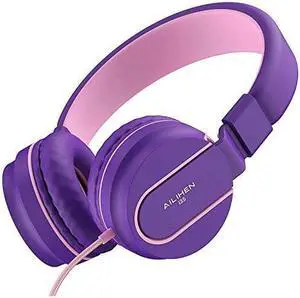 I35 Kid Headphones with Microphone Volume Limited Childrens Girls Boys Teens Lightweight Foldable Portable Wired Headsets for School Airplane Travel Chromebook Cellphones Tablets Pink Purple
