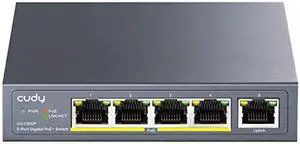 GS1005P 5 Port Gigabit Ethernet Unmanaged PoE+ Switch with 4 x PoE+ 60W DesktopWall Sturdy Metal Fanless Housing 8023af 8023at Shielded Ports Traffic Optimization Plug and Play