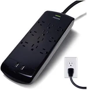 10 Outlet Power Strip Surge Protector 2 USB Charging Ports 6ft Long Power Cord Flat Plug Wall Mount 2880 Joules ETL Listed Circuit Breaker Automatic Shutdown Black SPP6710BC37