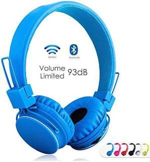 Bluetooth Headphones Foldable Volume Limiting Wireless/Wired Stereo On Ear HD Headset with SD Card FM Radio in-line Volume Control Microphone for Children Adults (Blue)