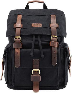 Mens Leather Canvas Backpack Large School Bag Travel Rucksack Black