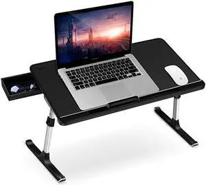 Laptop Table Stand Desk  Adjustable PVC Leather Laptop Bed Table Portable Standing Desk with Storage Drawer Foldable Lap Tablet Desk for Sofa Couch Floor LargeBlack