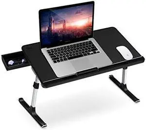 Laptop Table Stand Desk  Adjustable PVC Leather Laptop Bed Table Portable Standing Desk with Storage Drawer Foldable Lap Tablet Desk for Sofa Couch Floor LargeBlack