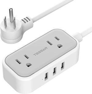Small Flat Plug Power Strip with 3 USB Ports,  2 Outlet Portable Plug Strip with 5 Feet Extension Cord, Mini Nightstand Desktop Charging Station Hub for Dorm Room Cruise Travel Essentials