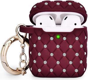 Compatible with Airpods Case, Bling Protective Hard Cover Upgrade TPU Case Women Girls [Front LED Visible] with Shiny Crystal/Keychain for Apple Airpods 2/1 Charging Case (Burgundy)