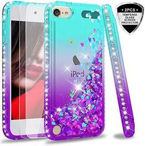 iPod Touch 7 Case iPod Touch 6 Case iPod Touch 5 Case with Tempered Glass Screen Protector 2 Pack for Girls  Glitter Liquid Clear Phone Case for Apple iPod Touch 7th 6th 5th Gen TealPurple