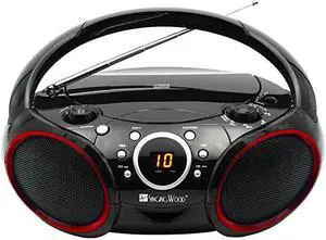 Portable CD Player AM FM Analog Tuning Radio with Aux Line in Headphone Jack Foldable Carrying Handle Black with a Touch of Blue Rims
