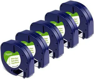 Compatible Tape Replacement for DYMO LetraTag White Paper Refill 91330 10697, 1/2" x 13' 12mm x 4m Black on White Maker Tape for dymo Letra Tag LT-100H Plus Printer, 5-Pack