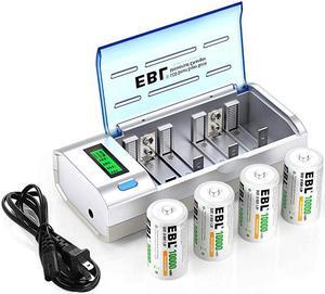D Cells 10000mAh Rechargeable Batteries 4 Counts with C D 9V AA AAA Battery Charger