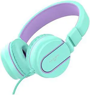 I35 Kid Headphones with Microphone Volume Limited Childrens Girls Boys Teens Lightweight Foldable Portable Wired Headsets for School Airplane Travel Chromebook Cellphones Tablets Green