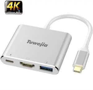 USB C to HDMI Multiport Adapter Tuwejia USB 3.1 Gen 1 Thumderbolt 3 to HDMI 4K Video Converter/USB 3.0 hub Port PD Quick Charging Port with Large Projection for 2015/16/17/18 MacBook/MacBook Pro/Chr