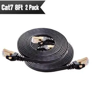 Cat 7 Shielded Ethernet Cable 8ft 2pack (Highest Speed Cable) Cat7 Black Flat Internet Network Cables, for Modem, Router, LAN, Computer