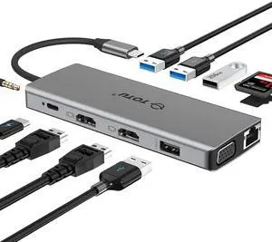 USB C Hub, TOTU 12-in-1 Type C Hub with Ethernet,4K USB C to 2 HDMI,VGA,2 USB3.0, 2 USB2.0,79W PD 3.0,SD/TF Cards Reader,Mic/Audio for Mac Pro/Type C Laptops (Windows Laptops Support Triple Display)