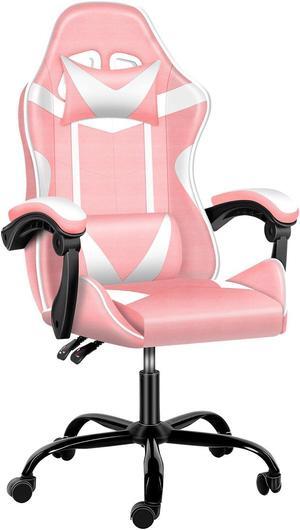 Racing Video Backrest and Seat Height Recliner Gaming Office High Back Computer Ergonomic Adjustable Swivel Chair, Without footrest, Pink/White