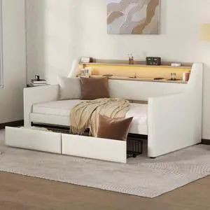 Twin Size Daybed with Storage Drawers, Upholstered Daybed with Charging Station and LED Lights, Beige (Expect arrive date: December 30th.) White