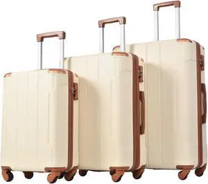 Hardshell Luggage Sets 3 Pcs Spinner Suitcase with TSA Lock Lightweight 20''24''28'' Cream w/ Brown