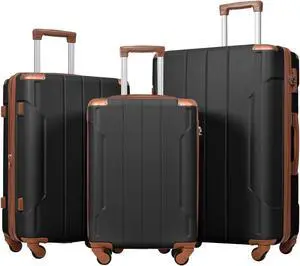 Hardshell Luggage Sets 3 Pcs Spinner Suitcase with TSA Lock Lightweight 20''24''28'' Black/Brown