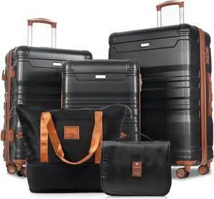 Luggage Sets 5 Piece, Expandable ABS Durable Suitcase with Travel Bag and Hanging Toiletry Bag, Carry On Luggage Suitcase Set with 360° Spinner Wheels, Black and Brown