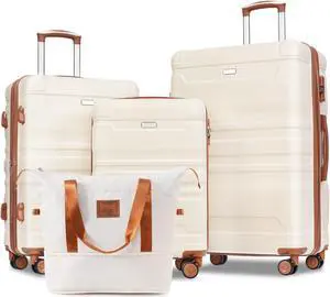 Luggage Sets 4 Piece, Expandable ABS Durable Suitcase with Travel Bag, Carry On Luggage Suitcase Set with 360° Spinner Wheels, ivory and brown