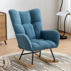 Rocking Chair with Pocket, Soft Teddy Fabric Rocking Chair for Nursery, Comfy Wingback Glider Rocker with Safe Solid Wood Base for Living Room Bedroom Balcony