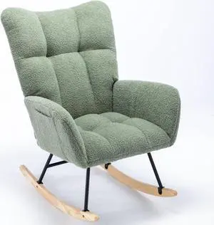 Rocking Chair with Pocket, Soft Teddy Fabric Rocking Chair for Nursery, Comfy Wingback Glider Rocker with Safe Solid Wood Base for Living Room Bedroom Balcony Green