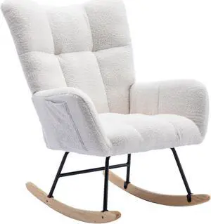 Rocking Chair with Pocket, Soft Teddy Fabric Rocking Chair for Nursery, Comfy Wingback Glider Rocker with Safe Solid Wood Base for Living Room Bedroom Balcony White