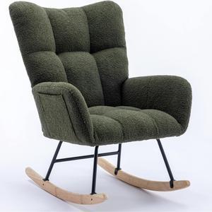 Rocking Chair with Pocket, Soft Teddy Fabric Rocking Chair for Nursery, Comfy Wingback Glider Rocker with Safe Solid Wood Base for Living Room Bedroom Balcony Dark green